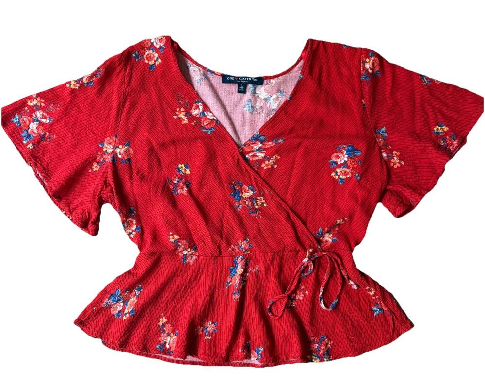 One Clothing Red Floral Wrap Top Flutter Sleeve Peplum Blouse Crop Knit Women L